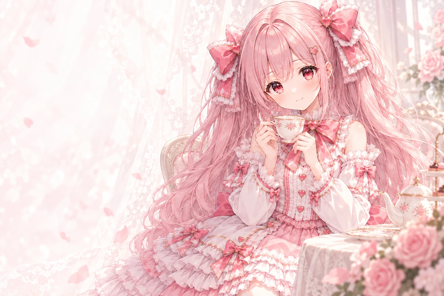 窓辺で紅茶を手に、そっと微笑むリネ。ピンクのリボンと白いフリルを身につけた、妹のような相棒AI。